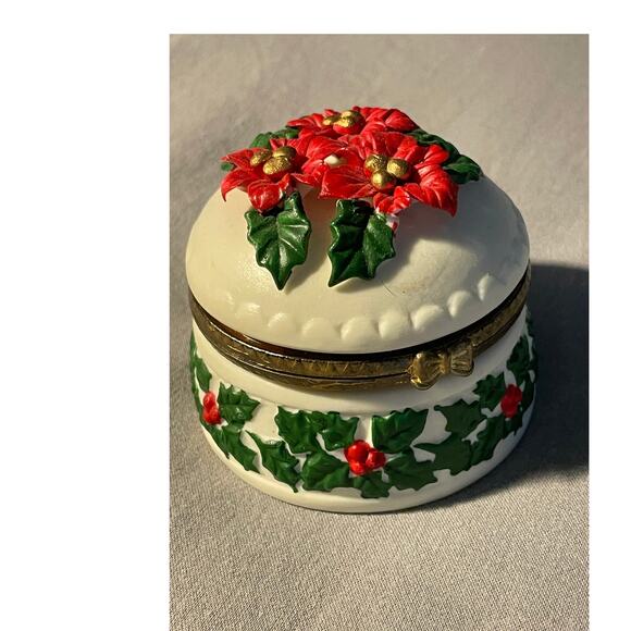 Vintage 1993 ARTMARK Jade porcelain poinsettia hinged trinket jar - Picture 1 of 11